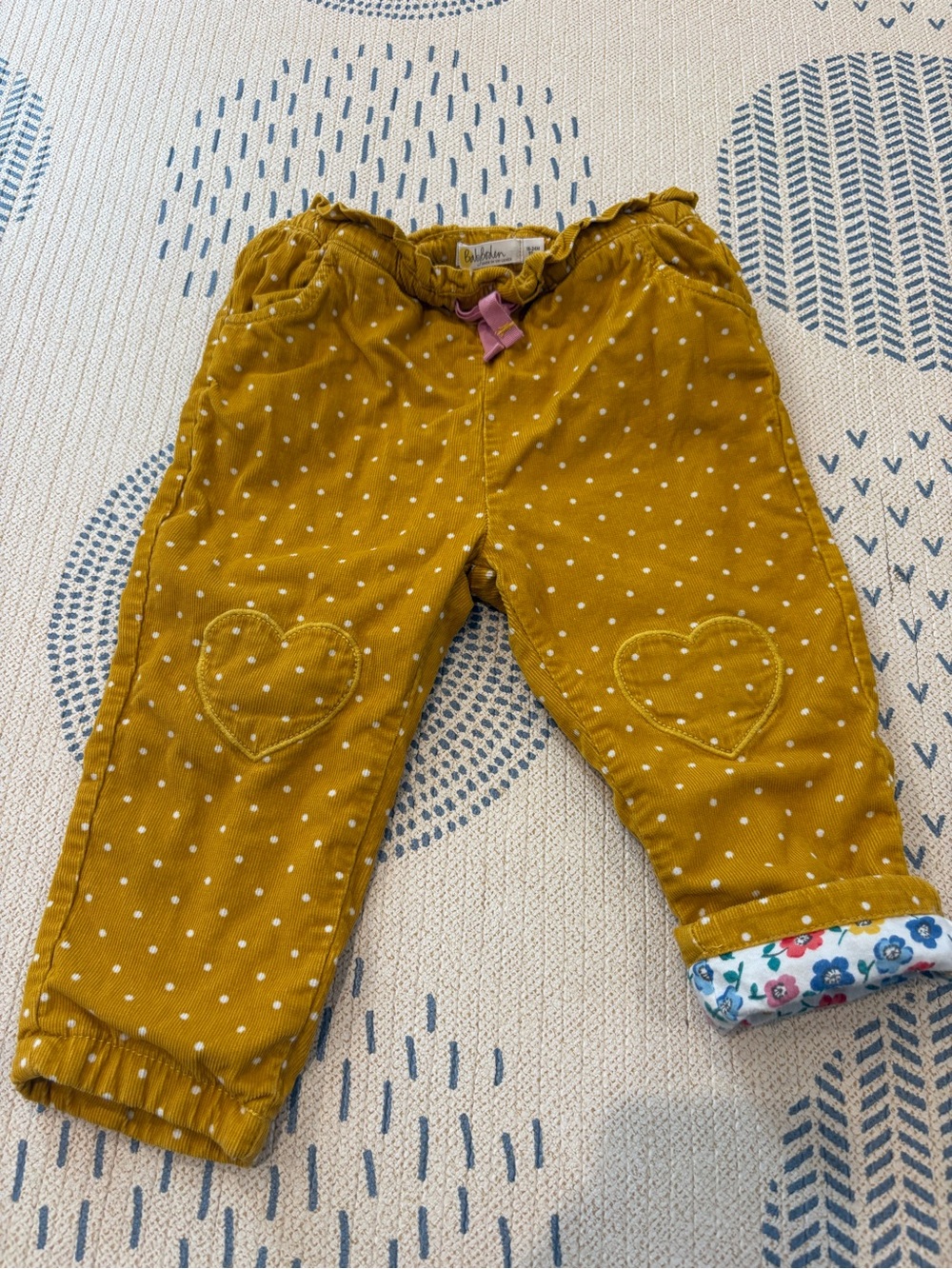 Mini Boden Mustard Yellow Polka Dot Corduroy Pants with Pink Bow